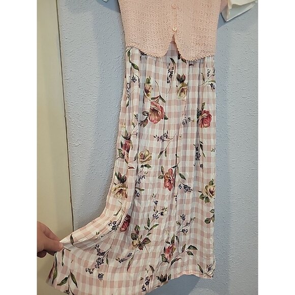 90s Vtg Allison Che Women's Size 6P Midi Dress Pink Floral Crochet Boho Check - Picture 4 of 6